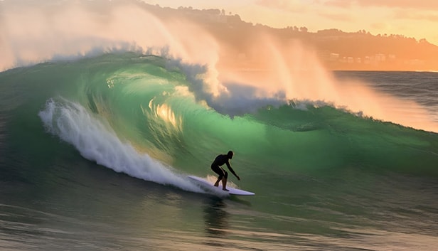 Surfer riding a big wave in the ocean colored in shades of green and beige.
